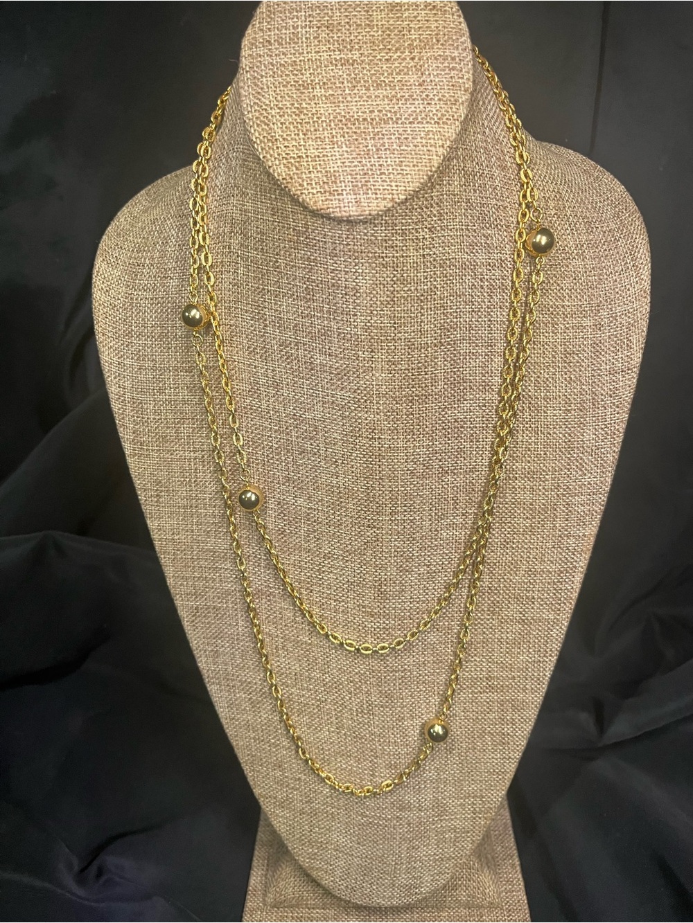 Long 52” Vintage Gold Tone Brass Oval Link Chain Necklace w Stationary Balls